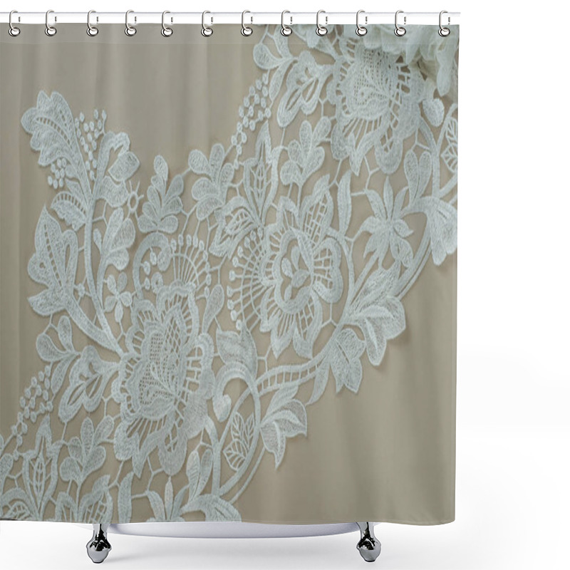 Personality  Texture Lace Fabric. Lace On White Background Studio. Thin Fabric Made Of Yarn Or Thread. A Background Image Of Ivory-colored Lace Cloth. White Lace On Beige Background. Shower Curtains