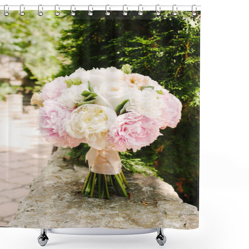 Personality  Classic Wedding Bouquet With Tender Flowers Stands On Stone Shower Curtains