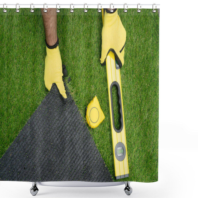 Personality  Man's Hands With The Artificial Grass Roll And Tools Shower Curtains