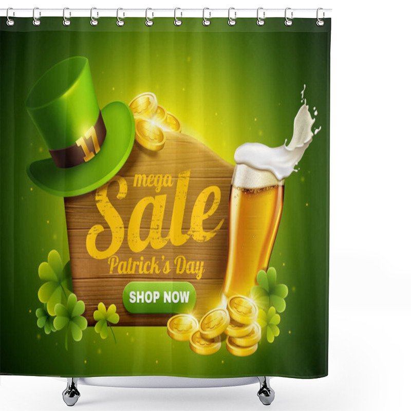 Personality  St. Patrick's Day Sale Popup Ads With Green Leprechaun Hat, Golden Coins And Beer In 3d Illustration Shower Curtains