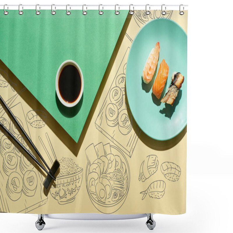 Personality  Top View Of Nigiri Near Soy Sauce, Chopsticks And Japanese Food Illustration On Green And Yellow Surface Shower Curtains