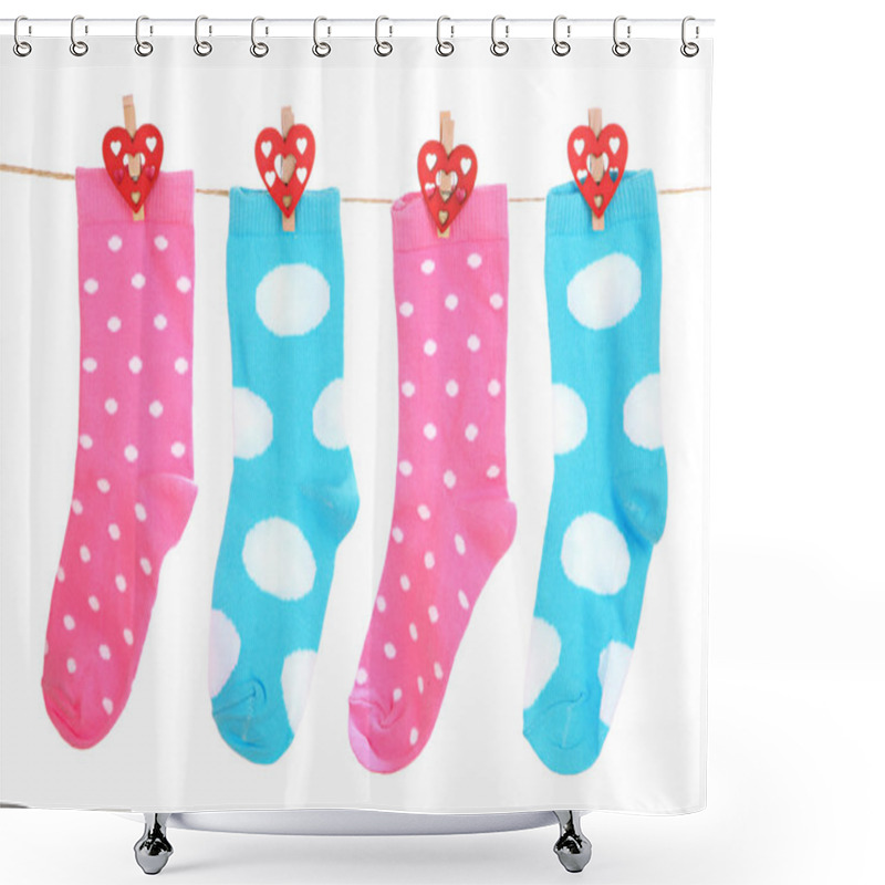 Personality  Socks Hanging On Clothesline Isolated On White Shower Curtains