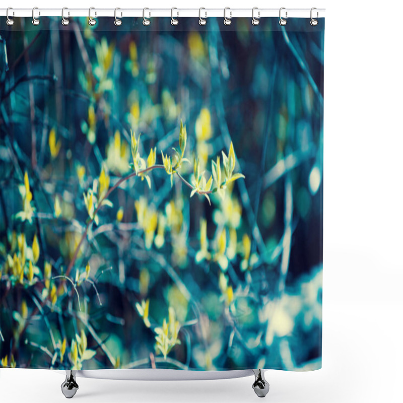 Personality  Natural Blured Jasmine Leaves Of Tree Background. Spring Leaves Of Tree Forest Or Garden, Foliage Bokeh. Blue Green Vintage Color Shower Curtains