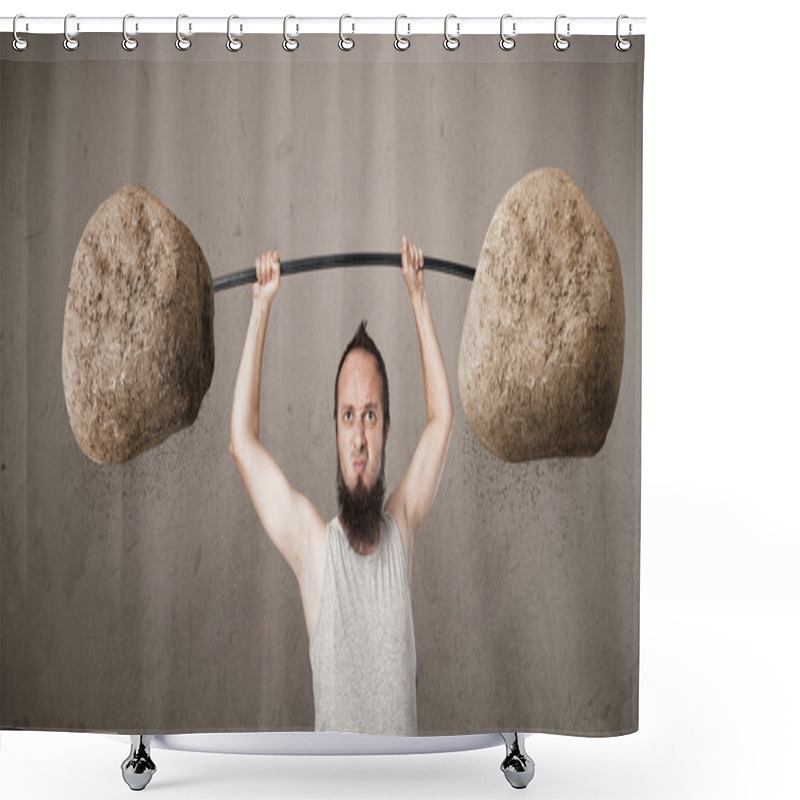 Personality  Skinny Guy Lifting Large Rock Stone Weights Shower Curtains