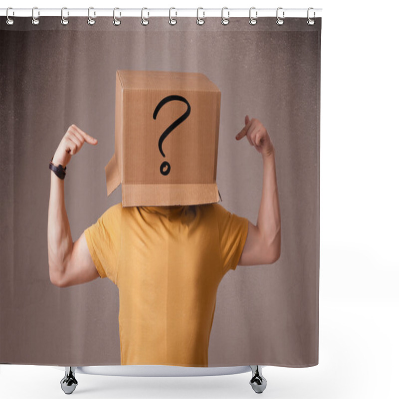 Personality  Young Man Gesturing With A Cardboard Box On His Head With Questi Shower Curtains