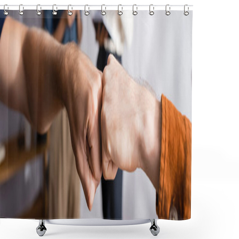 Personality  Partial View Of Businessmen Doing Fist Bump Near Colleagues On Blurred Background, Banner Shower Curtains