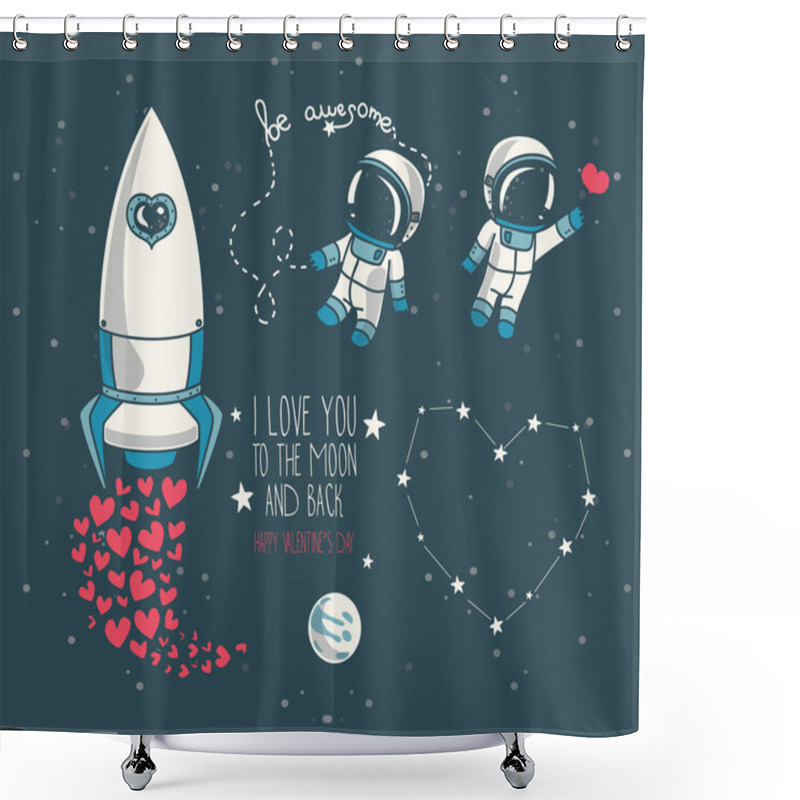 Personality  Cute Hand Drawn Elements For Valentine's Day Design: Moon, Stars, Astronauts Floating In Space And Rocket Shower Curtains