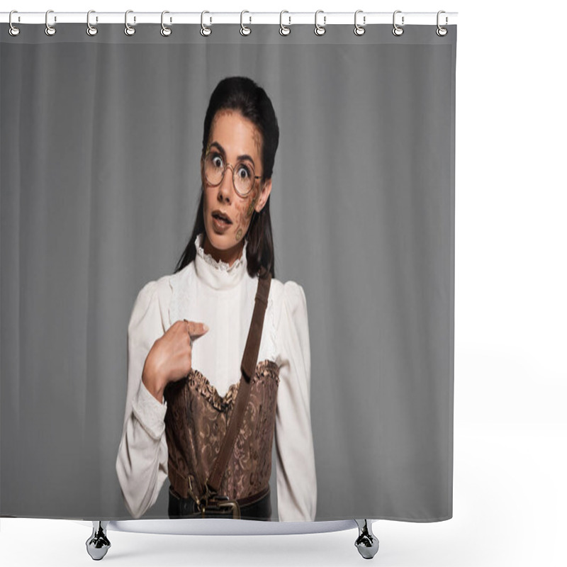 Personality  Front View Of Surprised Steampunk Woman Pointing With Finger At Herself Isolated On Grey Shower Curtains