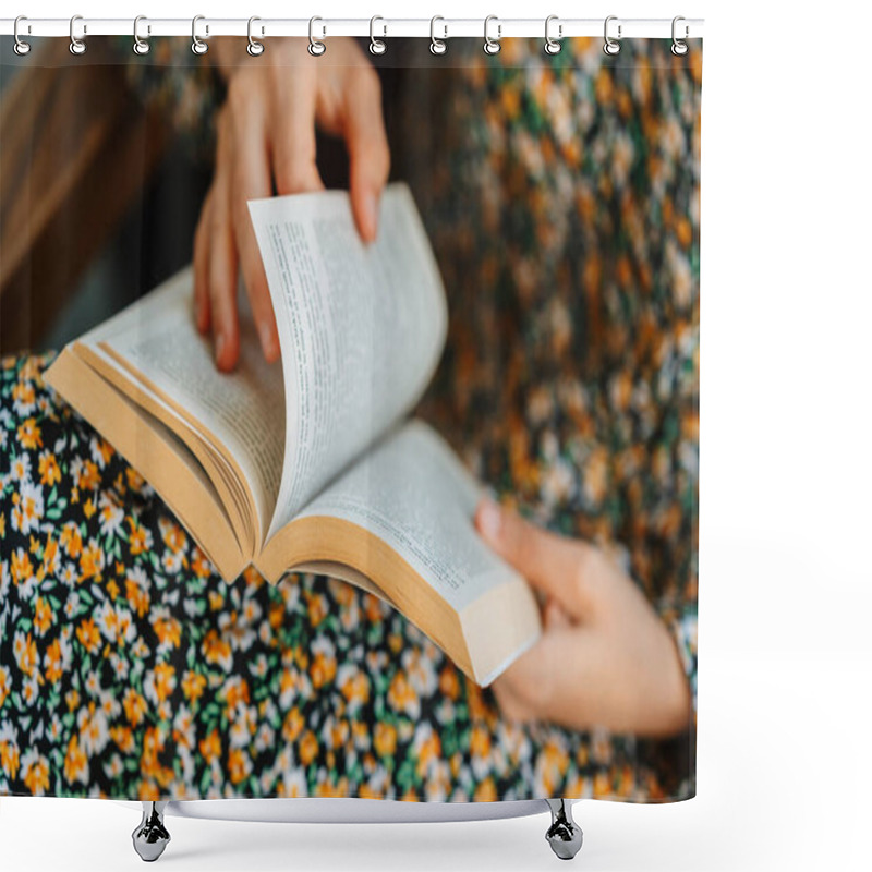 Personality  Close Up Image Of Woman Reading A Book In Cafe. Shower Curtains