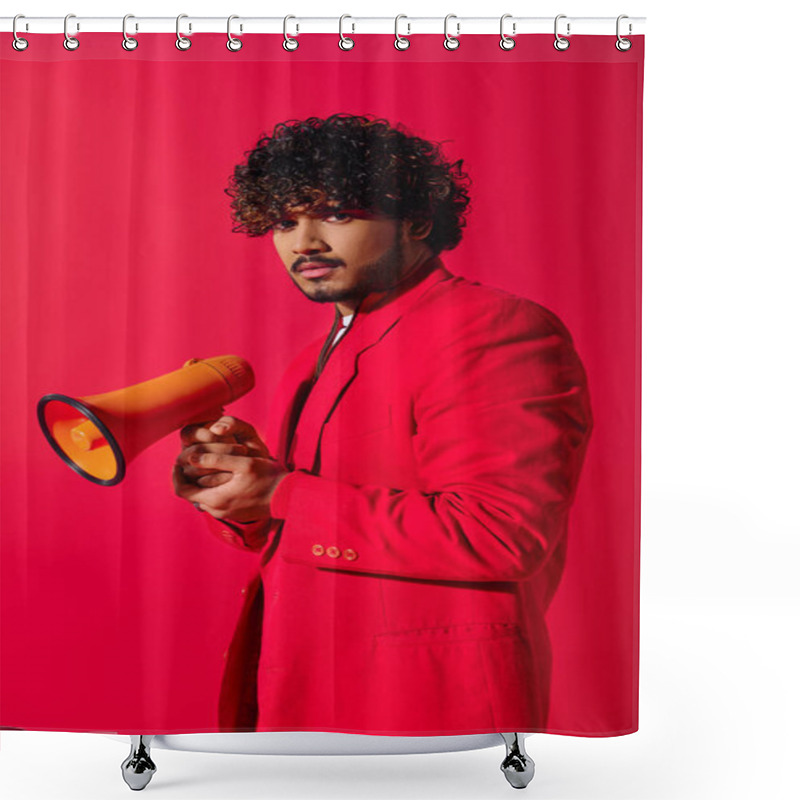 Personality  Young Indian Man In Red Suit Holding Red And Yellow Megaphone. Shower Curtains