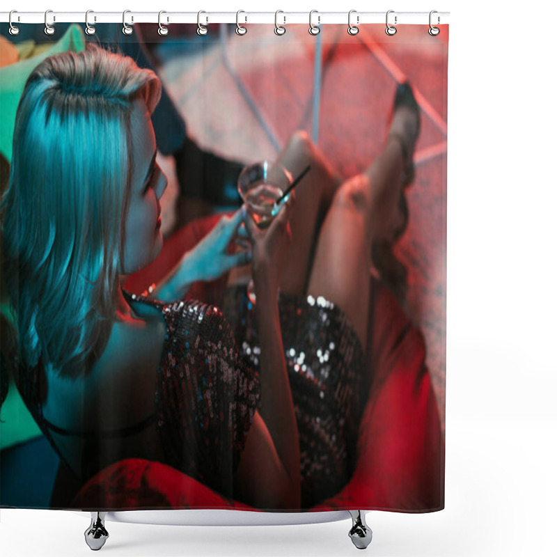 Personality  Blonde Woman Holding Glass With Cocktail While Sitting In Beanbag  Shower Curtains