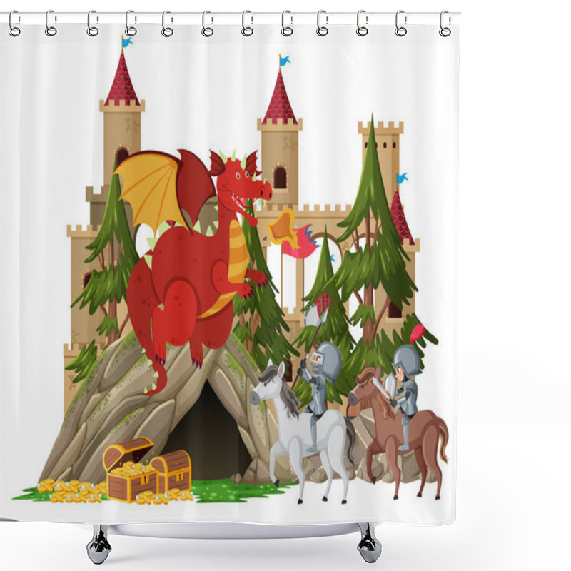 Personality  Knights Fight With Dragon At The Castle Illustration Shower Curtains