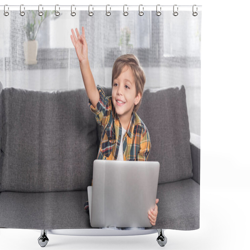 Personality  Boy With Laptop Sitting On Couch Shower Curtains