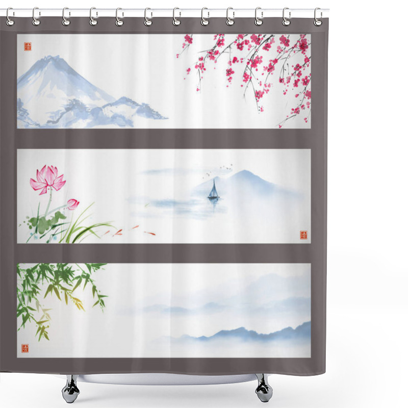 Personality  Three Banners With Mountains, Sakura Blossom, Bamboo And Lotus Flowers. Traditional Oriental Ink Painting Sumi-e, U-sin, Go-hua. Hieroglyph - Clarity Shower Curtains