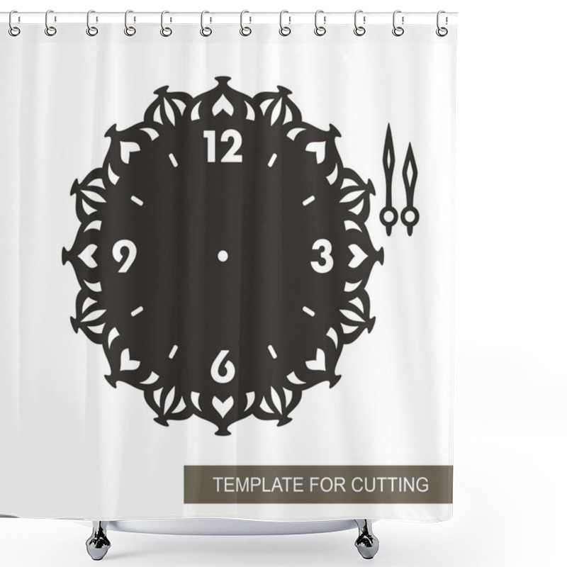 Personality  Openwork Dial With Arrows And Arabic Numerals. Silhouette Of Clock On White Background. Decor For Home. Template For Laser Cutting, Wood Carving, Paper Cut And Printing. Vector Illustration. Shower Curtains