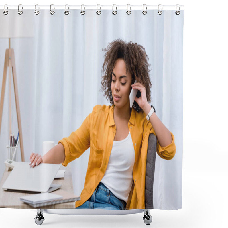 Personality  African American Young Woman Talking By Phone At Workplace Shower Curtains