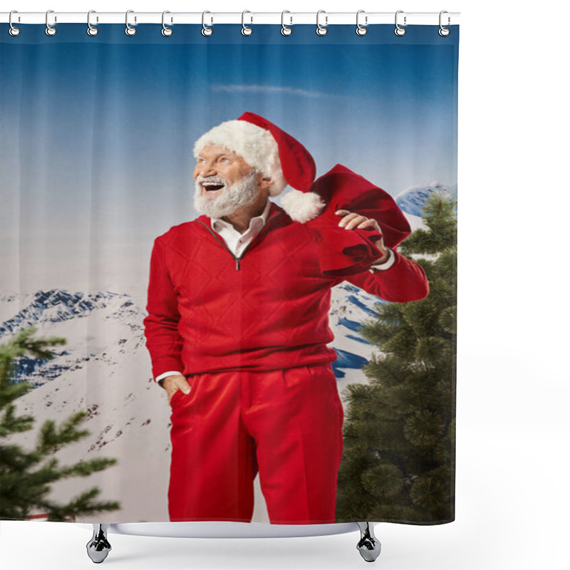 Personality  Cheerful Santa Holding Present Bag With One Hand In Pocket And Looking Away, Christmas Concept Shower Curtains