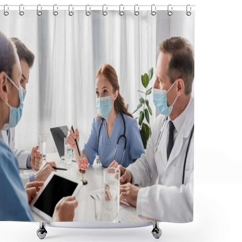 Personality  Multicultural Nurses And Doctors Working While Sitting At Workplace With Devices, Papers And Glasses Of Water On Blurred Foreground Shower Curtains