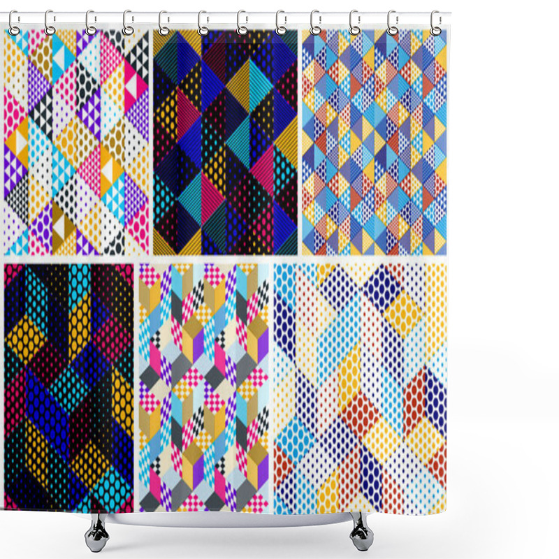 Personality  Dotted Geometric 3D Seamless Patterns With Cubes, Dotty Boxes Blocks Vector Backgrounds Set, Architecture And Construction, Wallpaper Designs. Shower Curtains