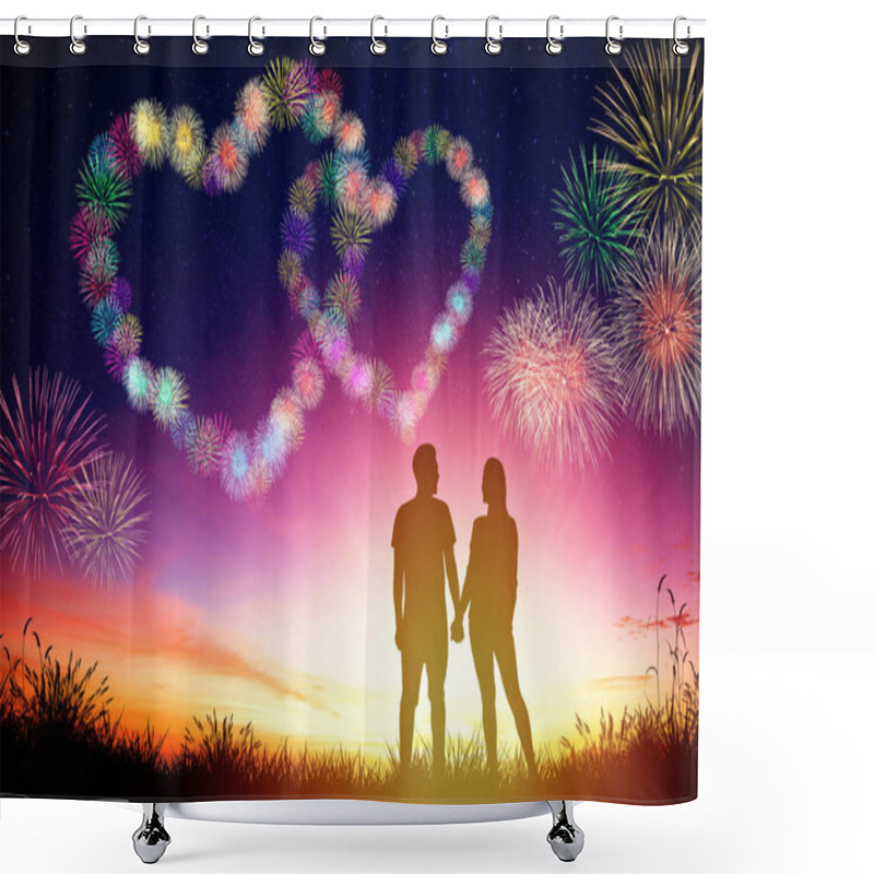 Personality  Young Couple Watching Heart Shape Fireworks On Hill Shower Curtains