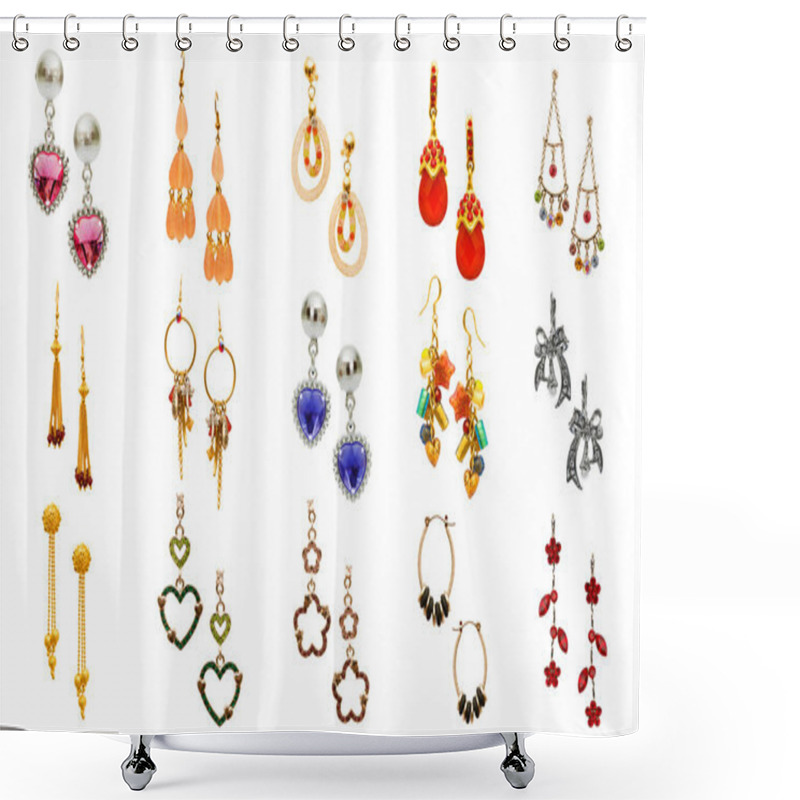 Personality  Set Of Various Earrings Isolated On White Shower Curtains