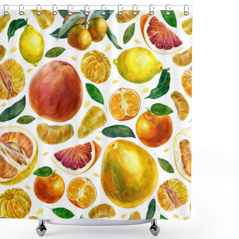 Personality  Watercolor Illustration Pattern Of Citrus Fruits On A White Background. Tangerines, Slices Of Tangerines, Leaves, Grapefruit, Pomelo, Tangerines On A Branch. Shower Curtains