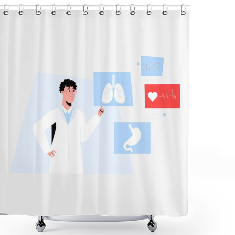 Personality  Male Doctor Points To Images Of Lungs, Heart, And Stomach While Explaining Human Organs, Representing Medical Knowledge, Health Education, And Anatomy, Isolated On White Background. Shower Curtains