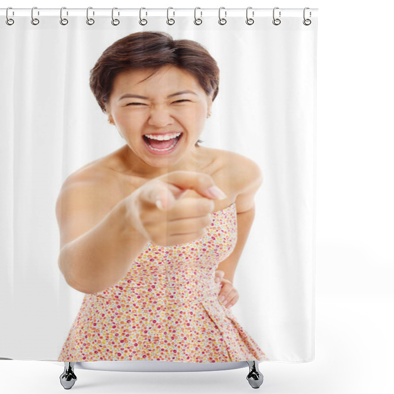 Personality  Asian Young Woman Pointing Out And Laughing Shower Curtains