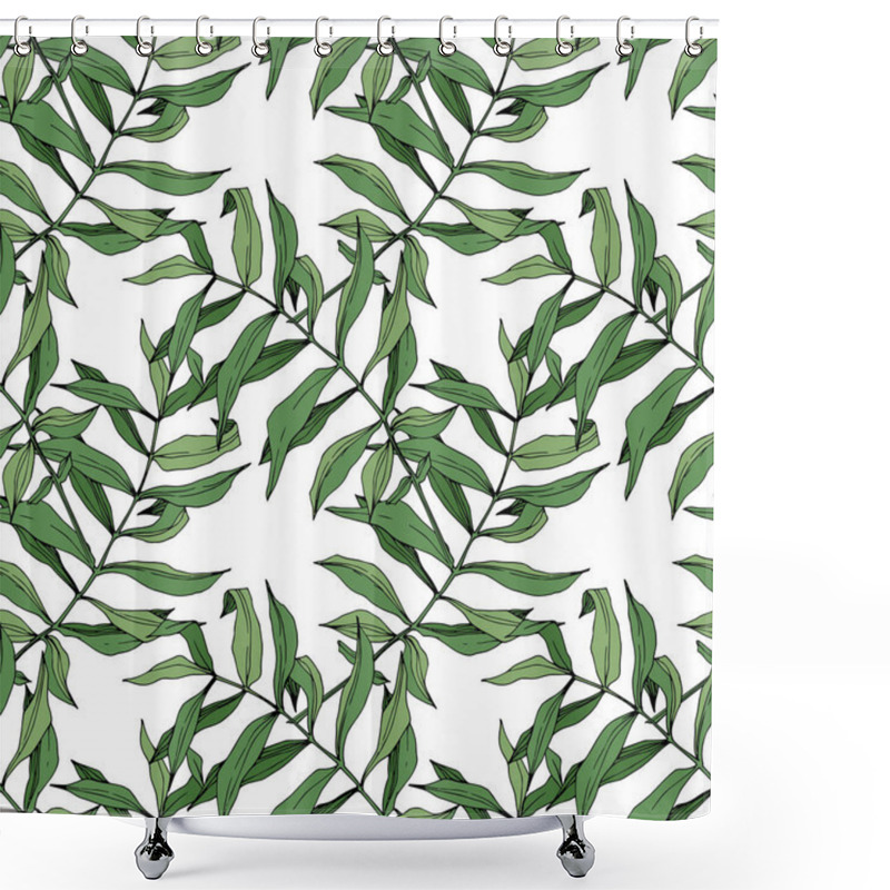 Personality  Vector Green Leaf Plant Garden Floral Foliage. Engraved Ink Art. Palm Beach Tree Leaves. Seamless Background Pattern. Shower Curtains