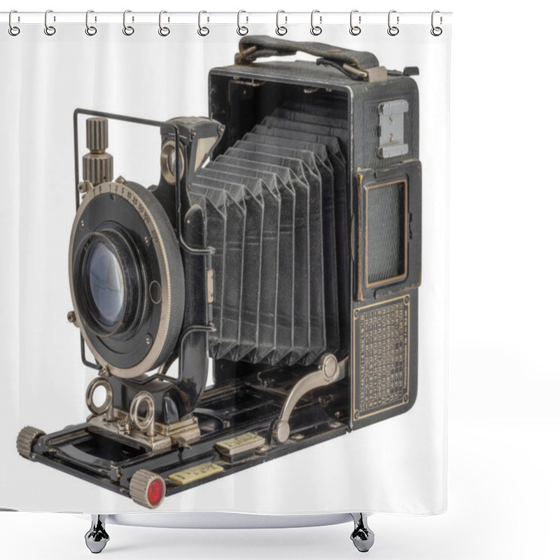 Personality  Historic Folding Camera Isolated In White Back Shower Curtains