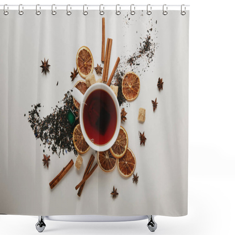 Personality  Flat Lay With Arranged Cinnamon Sticks, Anise Stars, Dried Orange Pieces And Cup Of Hot Tea On White Background Shower Curtains