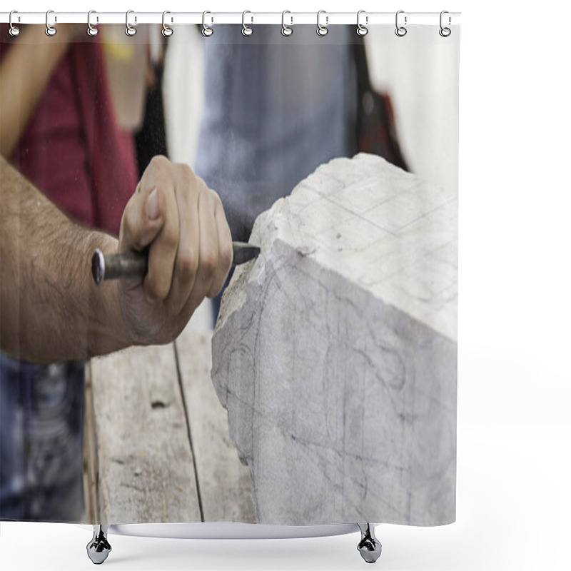 Personality  Carving Stone, Craftsman Shaping Stone, Art And Crafts Shower Curtains