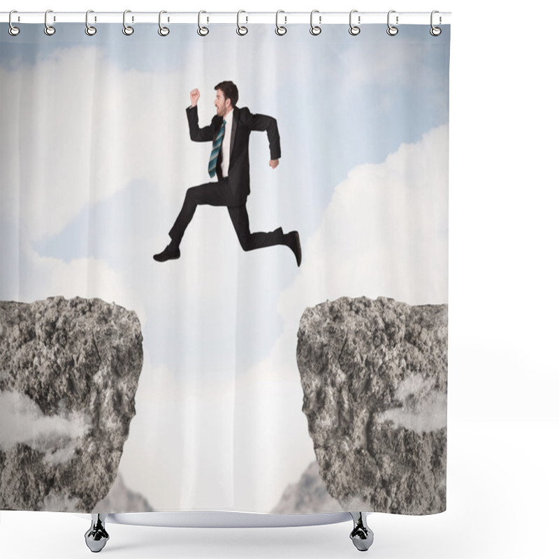 Personality  Funny Business Man Jumping Over Rocks With Gap Shower Curtains