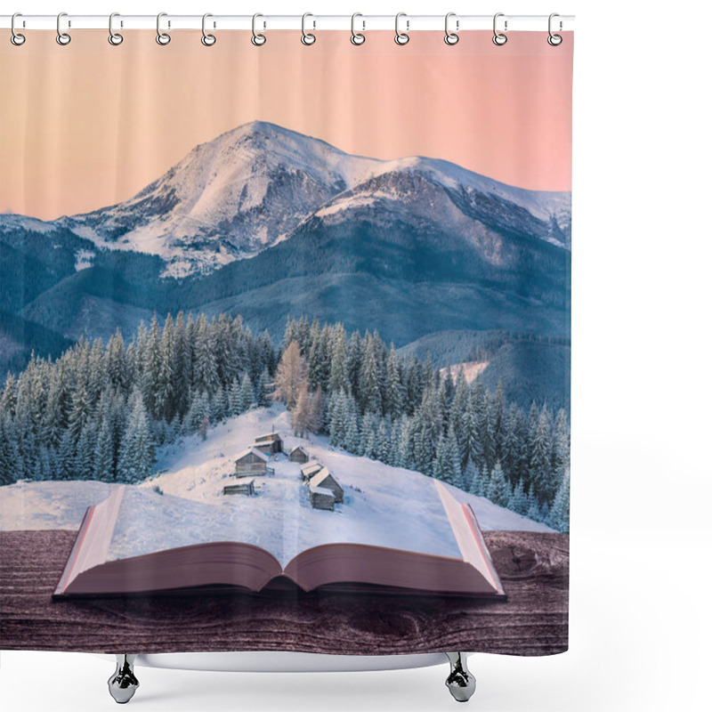 Personality  Miniature Alpine Mountain Village At Winter On The Pages Of An Open Magical Book. Majestic Landscape. Nature And Education Concept. Shower Curtains