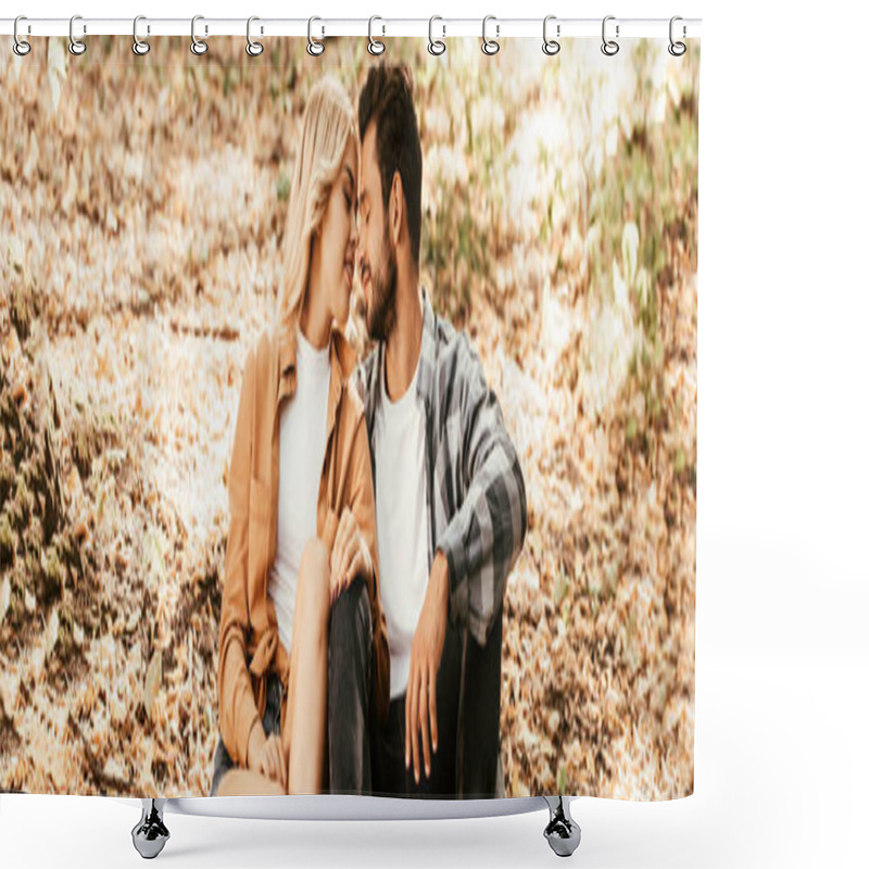 Personality  Panoramic Shot Of Happy Young Couple Sitting Face To Face On Autumn Leaves In Park Shower Curtains