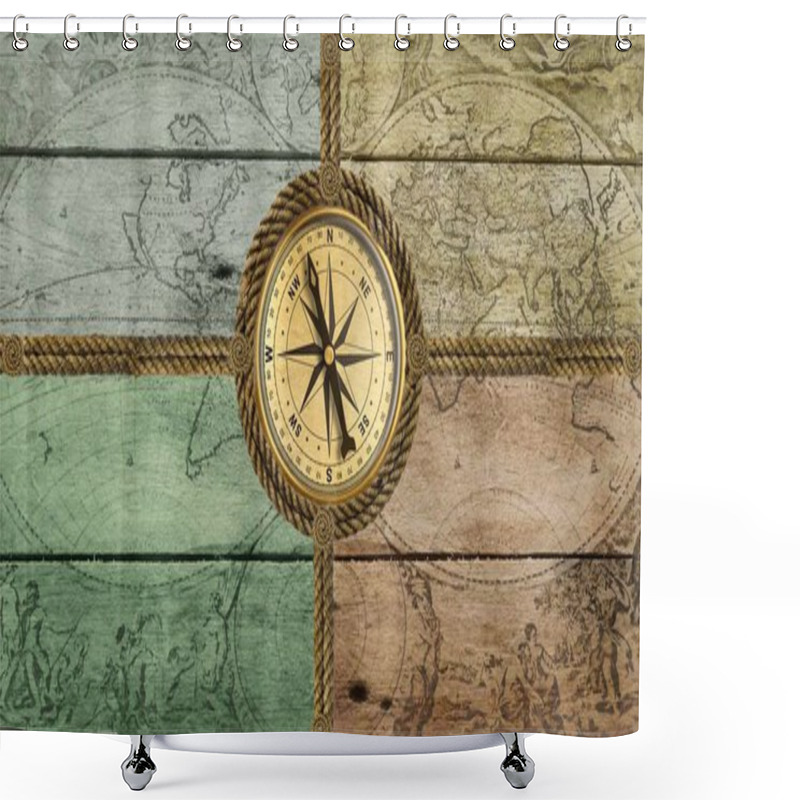 Personality  Compass Anchor And Steering Wheel Image On Wood Shower Curtains