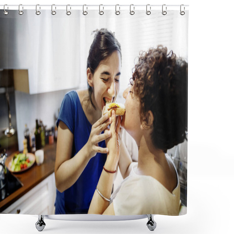 Personality  Lesbian Couple Cooking In The Kitchen Together Shower Curtains