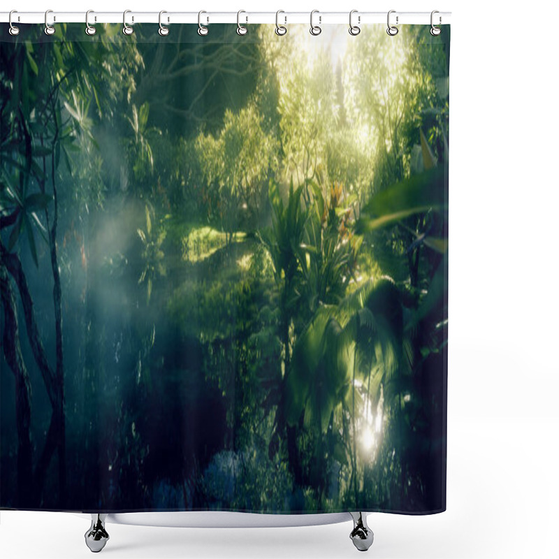 Personality  Jungle Paradise Concept. Deep And Dense Rainforest Vegetation With Pond And Beautiful Sunlight. 3d Rendering. Shower Curtains