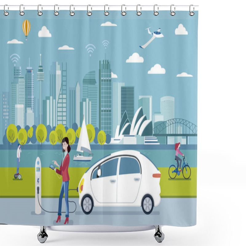 Personality  Electric Car Charging Point. A Woman Charging Her Electric Car With A Application. On The Background, A Panoramic Sydney Skyline. Flat Vector Illustration. Shower Curtains