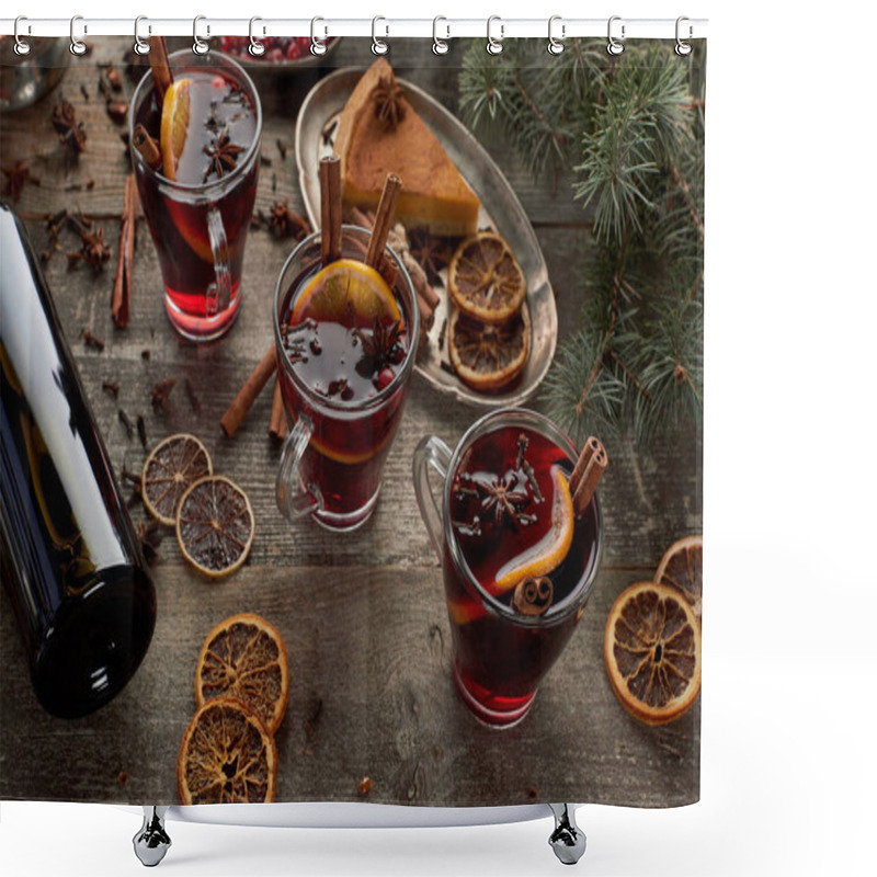 Personality  Red Spiced Mulled Wine Near Fir Branch, Pie, Berries, Anise, Orange Slices And Cinnamon On Wooden Rustic Table Shower Curtains