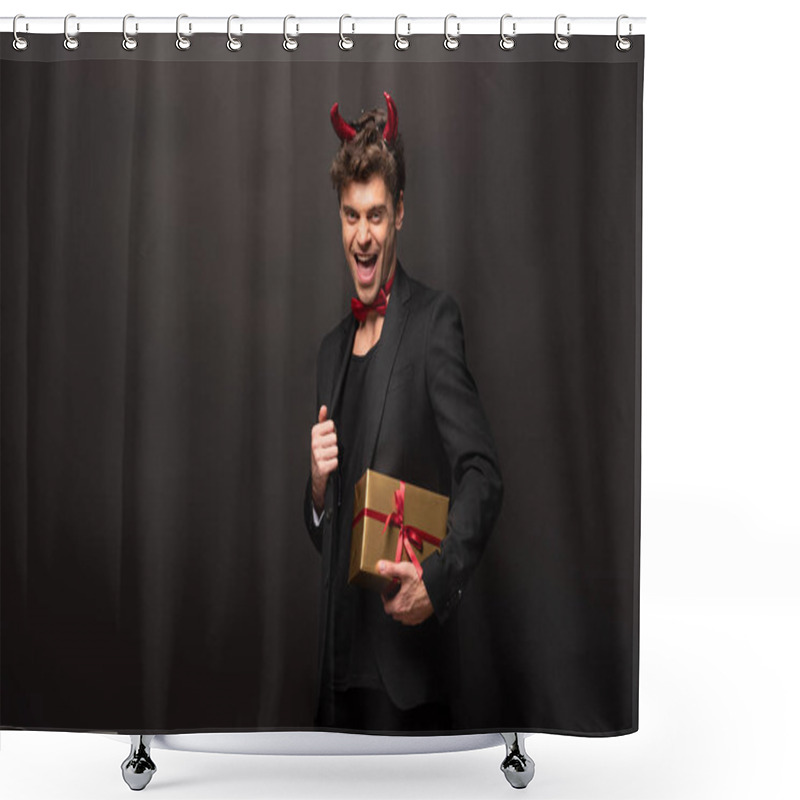 Personality  Handsome Excited Man In Devil Costume Holding Gift Boxes For Halloween On Black Shower Curtains