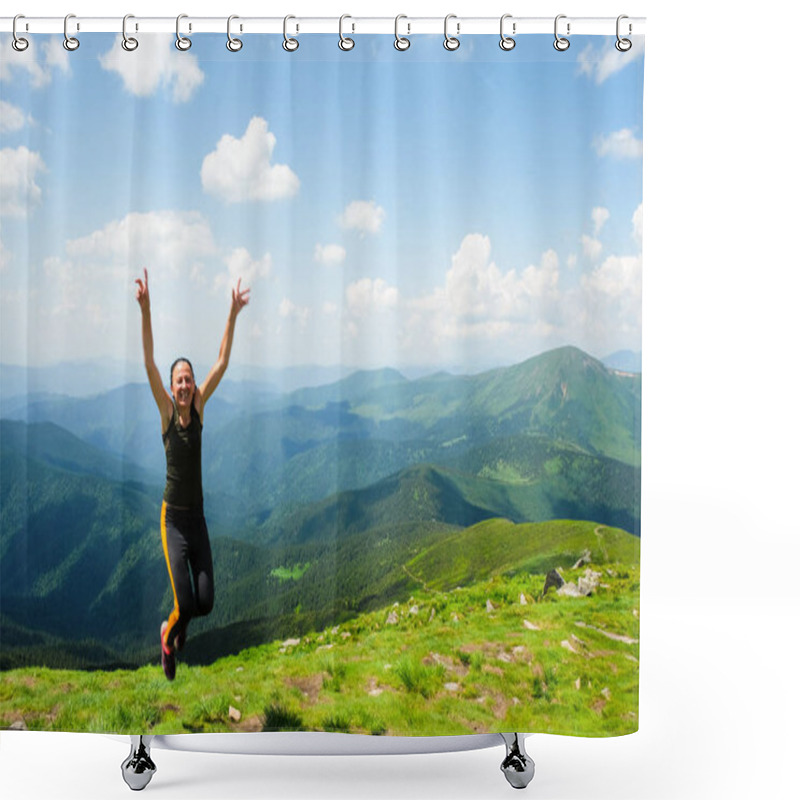 Personality  A Happy 59 Year Old Woman Jumps On Top Of The Highest Mountain In The Carpathians. Ukrainian Tourism. Shower Curtains