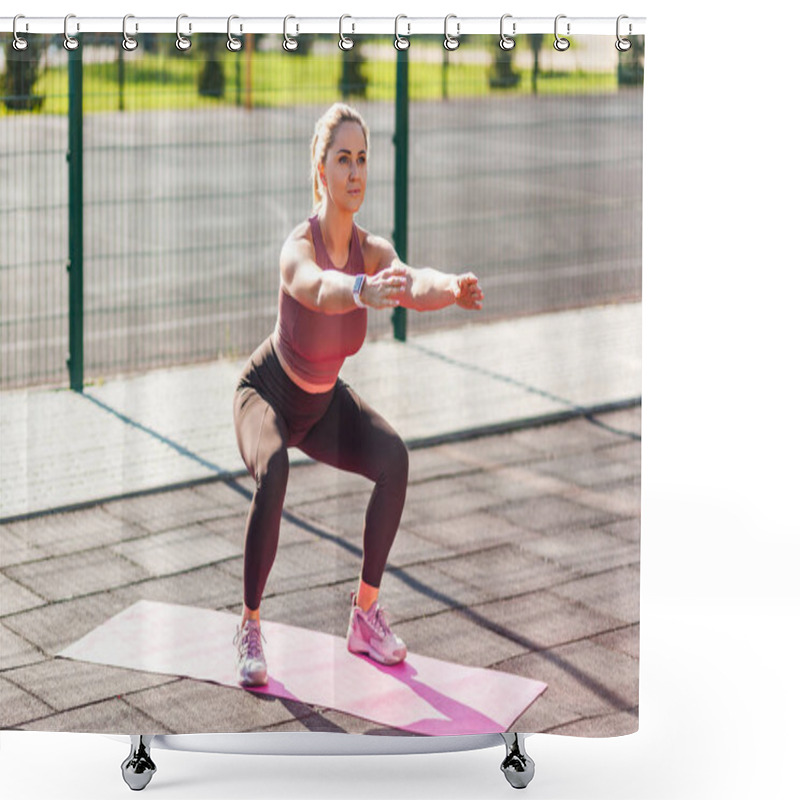 Personality  Full Length, Woman With Athletic Body In Tight Pants Training On Mat Outdoor Summer Day, Doing Squats With Outstretched Hands, Aerobics Or Pilates Exercise. Health Care, Sport Activity For Weight Loss Shower Curtains