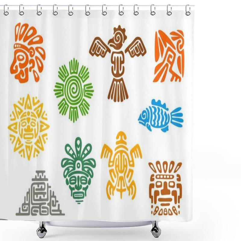 Personality  Mayan Aztec Totems, Mexican Tribal Vector Symbols Of Sacred Animals And Birds. Maya Or Mexico Inca Tribe Totem Signs Of Sun, Fish, Turtle Or Pyramid And Deity Mask, Ethnic Aztec Tribal Symbols Shower Curtains