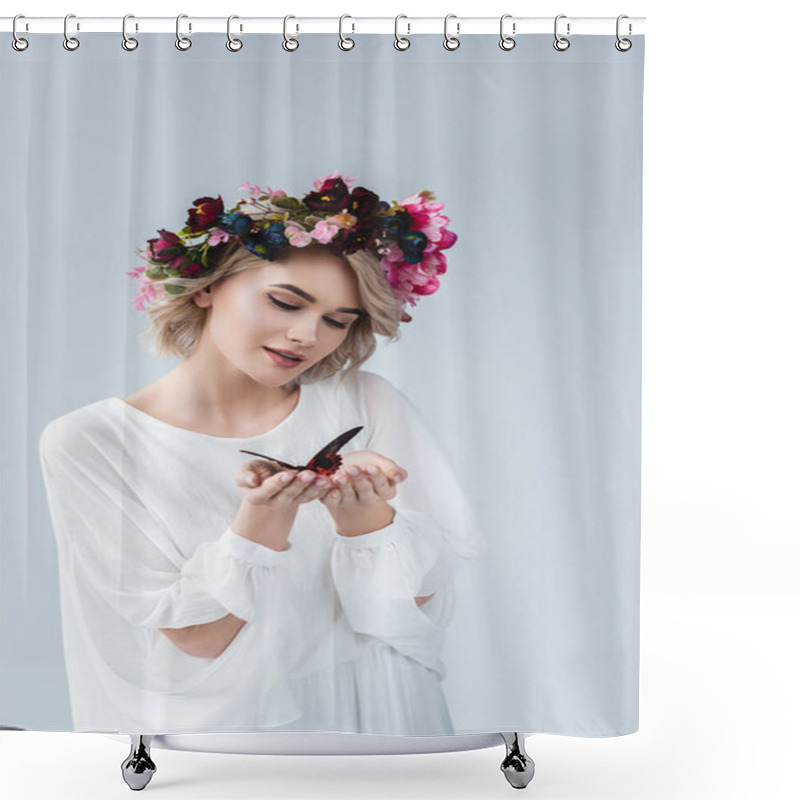 Personality  Beautiful Girl Posing In Floral Wreath With Alive Butterfly In Hands, Isolated On Grey Shower Curtains