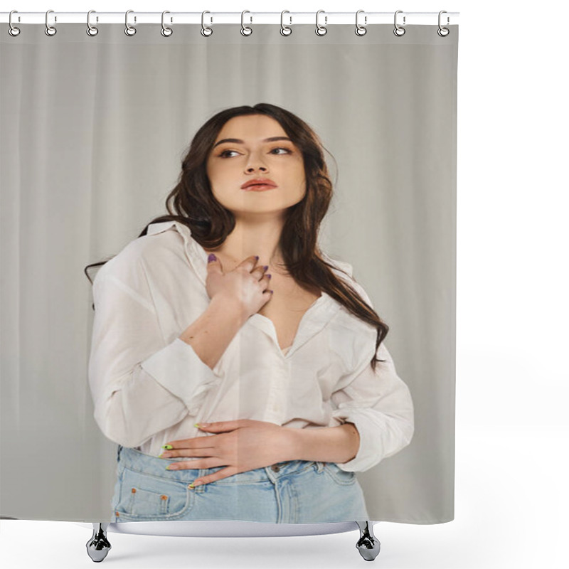 Personality  A Beautiful Plus Size Woman In A White Shirt Strikes A Graceful Pose Against A Simple Gray Backdrop. Shower Curtains