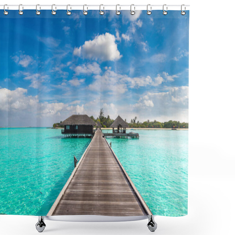 Personality  Water Villas (Bungalows) And Wooden Bridge At Tropical Beach In The Maldives At Summer Day Shower Curtains