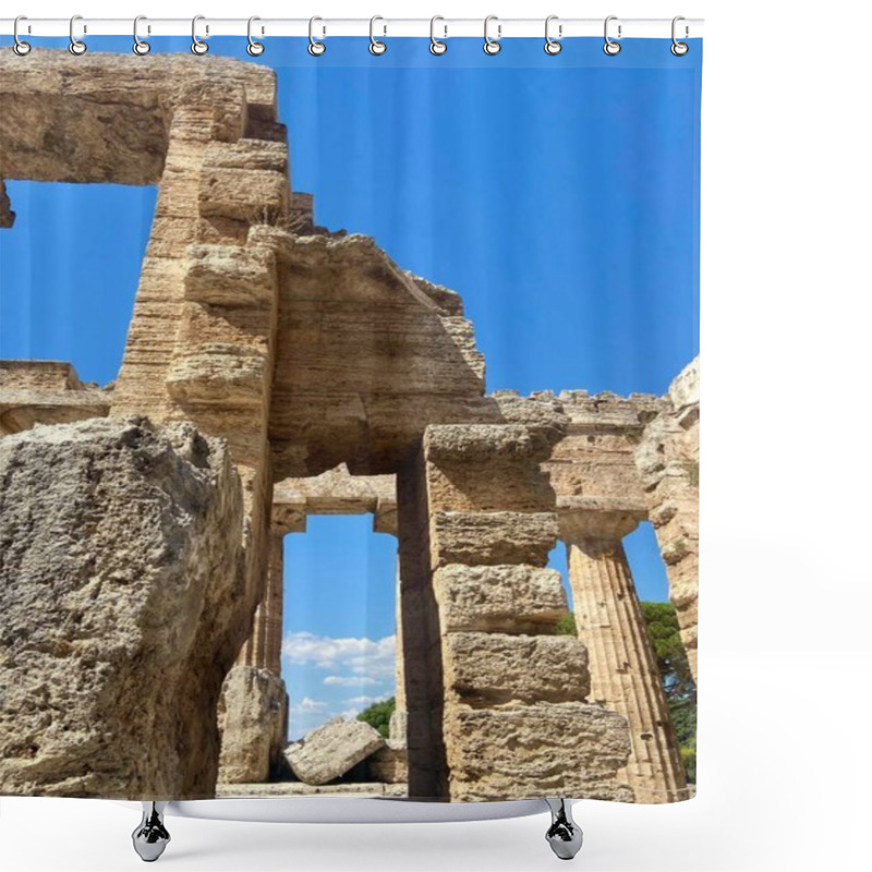 Personality  Ancient Greek Temple Ruins In Paestum, Italy: Architectural Marvel Under A Clear Sky. High Quality Photo Shower Curtains