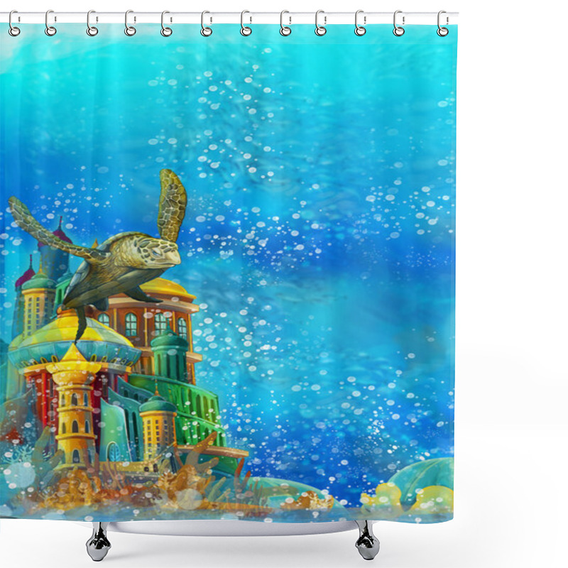 Personality  Cartoon Underwater Scene With Turtle And Castle  Shower Curtains