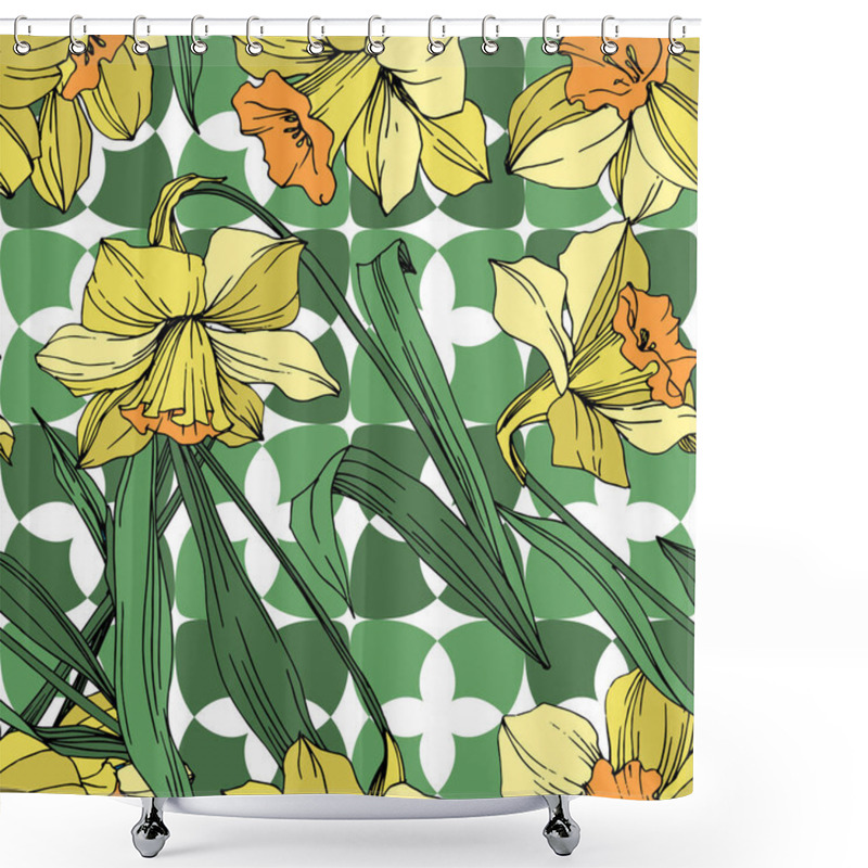 Personality  Vector Yellow Narcissus Floral Botanical Flower. Wild Spring Leaf Wildflower Isolated. Engraved Ink Art. Seamless Background Pattern. Fabric Wallpaper Print Texture. Shower Curtains